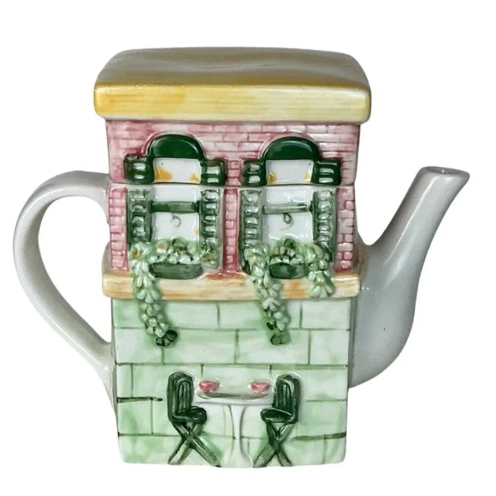 Vintage Main Street Cafe Store Front Ceramic Teapot Functional Art Collectible